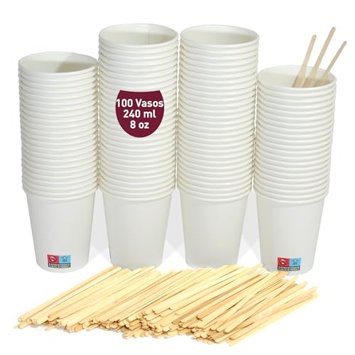 gobecups 100 Vasos desechables blancos de 240 ml / 8 oz para Café con Paletinas de Madera, Resistentes, a Prueba de Fugas y Sin Olores. Vasos cartón desechables