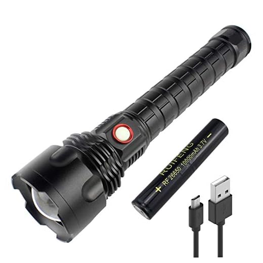 XHP70 Linterna LED Recargable, Super Brillante Alta Potencia 10000 Lúmenes, Impermeable, 5 Modos de Luz Linterna, Zoom para Camping, Senderismo, Emergencia (26650 Batería Incluida)
