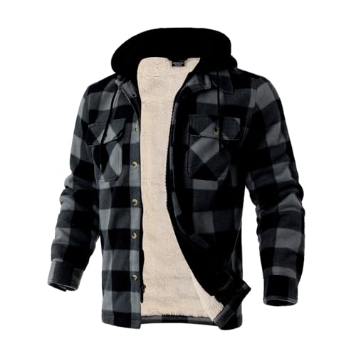 Image of TanBridge Men's Cotton Plaid Shirts Jacket Full Zip Fleece Flannel Sherpa Lined Hoodies Heavyweight Hoodies Jacket for Men