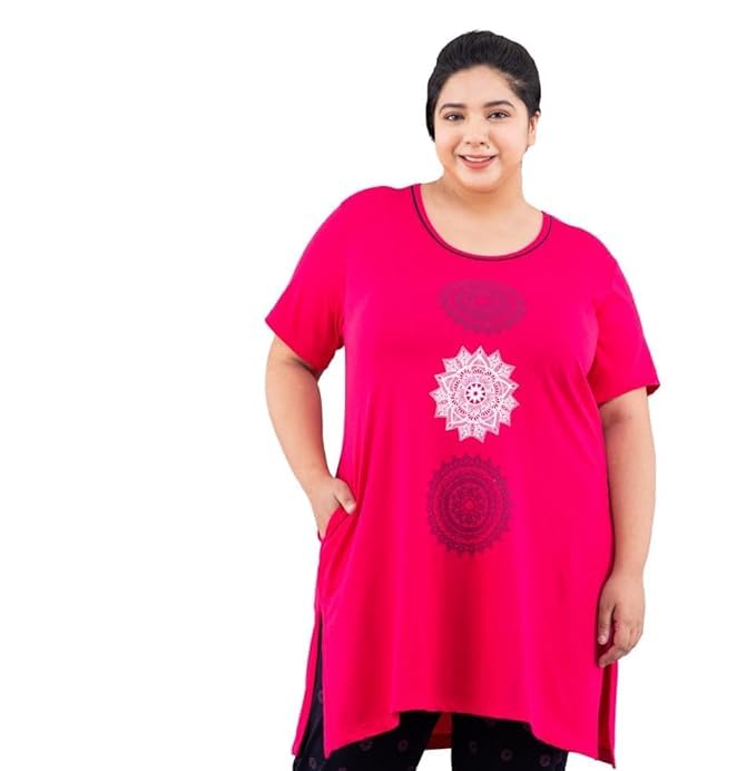 Image of CUPID Women Cotton Round Neck Half Sleeves T-Shirt,Night n Sleep Wear,Daily Use Gym /Lounge Wear Long Tops with Pocket Hot Pink XXL