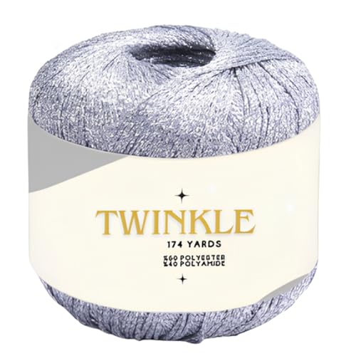 Image of Twinkle Metallic Glitter Yarn Sparkle Fine 1 Light Fingering Weight Worsted Gold Silver for Crochet Knitting, 25g 0.88oz, 175yard Soft Craft Shawls Cardigans Bags Lurex (Silver Shimmer, Pack 1)