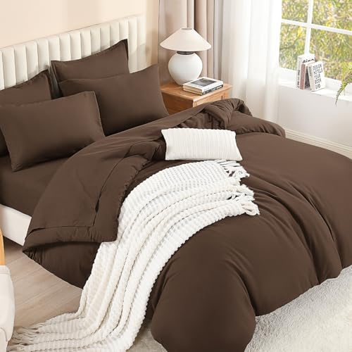 Image of Litanika Super King Plus Comforter Sets Brown - 7 Pieces Bed in a Bag Beddding Sets, Solid Lightweight Bed Set with Comforter, Sheets, Pillowcases & Shams