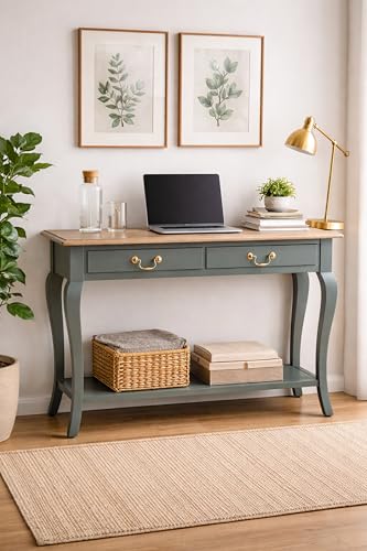 Image of Wooden Console Table with 2 Drawers, Natural Wood Top, Curved Legs, Entryway Sofa Table, Sheesham Wood Study Table with Shelf Storage, 46Lx17Wx30H Inches. (Cool Grey)