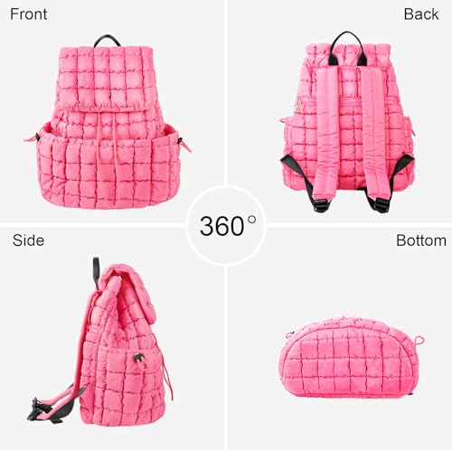 Quilted Travel Duffle Bag Gym Bag&Quilted Backpack Purse for Women,Large Puffer Duffle Weekender Bag Lightweight Puffer Puffy College Laptop Backpack with Compartment for Travel Gym Airplane(Pink)4