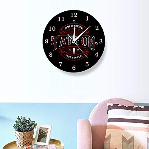 Wall Clock Black Tattoo Time Ink Shop Tattoos Gun Artist Gift Body Art Shop Studio Tattoos Logo Company Name Battery Operated Silent Non-Ticking For Home Office School Bedroom Decor Gift Ideas #TOP2