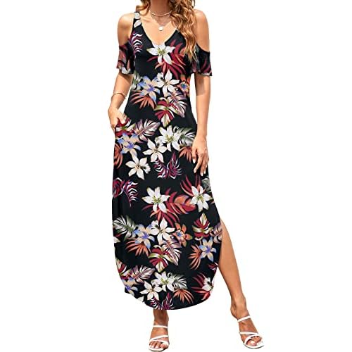 HUSKARY Women's Summer Maxi Dresses 2026 Trendy V Neck Cold Shoulder Short Sleeve Casual Loose Long Split Dress with Pockets X-Large White Flower