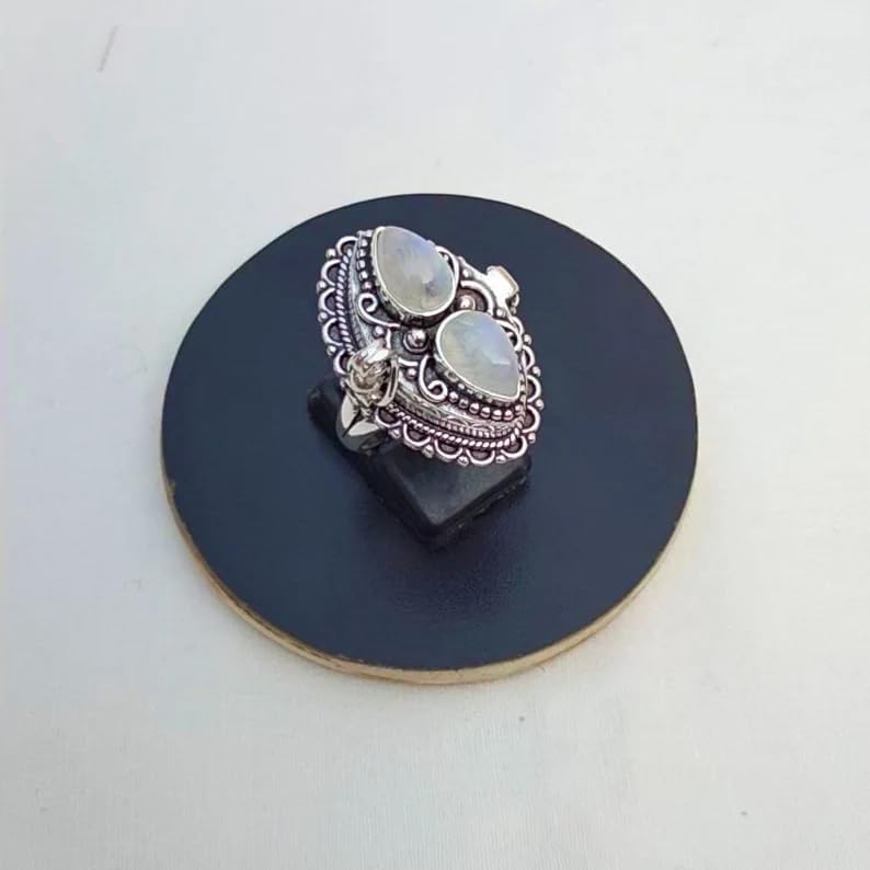 Natural Rainbow Moonstone Ring, Poison Box Ring, Tear drop stone Ring, Storage Box Ring, Moonstone Jewelry, Duel Moonstone ring, Openable Poison Ring, Locket Ring, Blue Flash Ring, Artisan design Ring