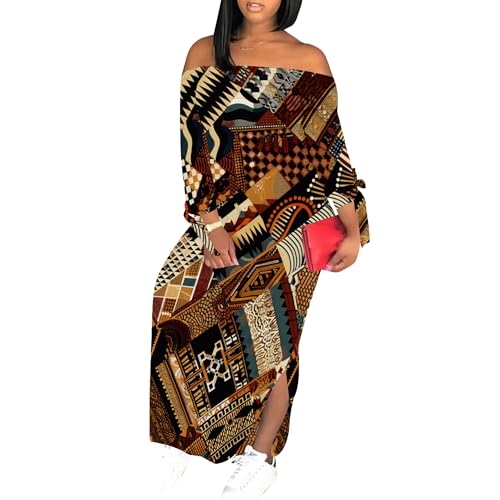 Hyujoda Womens Casual Loose African Print Dress Sexy Elegant Long Sleeve  Off The Shoulder Bowknot Sides Slit Beach Party Maxi Dresses S at Amazon  Women's Clothing store