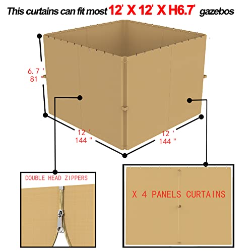 12-Ft X 12-Ft Gazebo Curtains,Privacy Replacement Sidewall 4-Panel Universal Shade Curtains Set,Protecting Side Walls (Only Curtain)-Khaki #TOP2