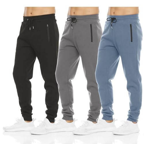 PURE CHAMP Mens 3 Pack Fleece Active Athletic Workout Jogger Sweatpants for Men with Zipper Pocket and Drawstring Size S-3XL