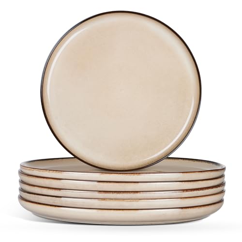 Image of E-far 8 inch Ceramic Salad Plates Set of 6, Reactive Glaze Stoneware Dishes, Round Dessert Plate for Home Kitchen Restaurant, Microwave & Dishwasher Safe - Sandy Beige