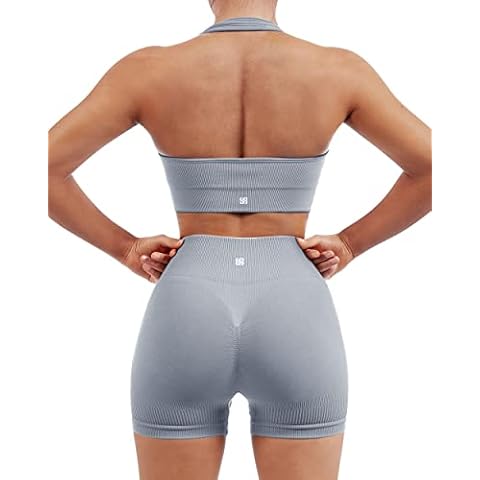 SUUKSESS Women Seamless Ribbed Workout Set Backless Sports Bra Booty Biker Short, Grey, Small Cover