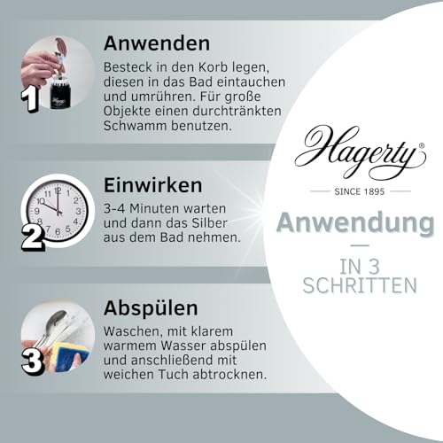 Hagerty Silver Bath Silbertauchbad mit Anlaufschutz 580 ml I Effektives Silberputzmittel für Besteck aus Silber oder versilbertem Metall I Silber-Reinigungsbad für erneuerten Glanz I mit Tauchkorb