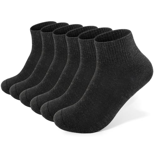 Zepsalio 6 Pairs Merino Wool Quarter Ankle Athletic Running Hiking Socks Lightweight Breathable Cushion Socks for Men Women (AU, Alpha, Medium, Regular, Regular, Charcoal)
