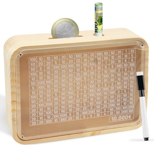 Hucha de Madera, Caja de Ahorros de Madera, 10000€ Caja de Ahorro con Tablero Acrílico, Hucha con Objetivo de Ahorro y Números, Ayuda a los Niños a Desarrollar el Hábito de Ahorrar Dinero