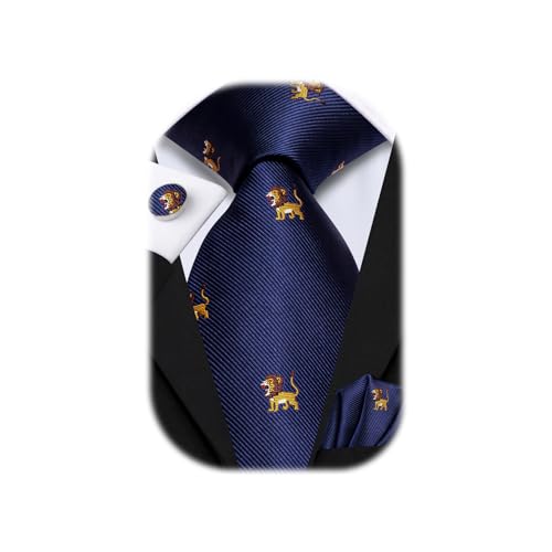 Image of Hi-Tie Men's Blue Lion Tie Set Woven Silk Jacquard Animal Necktie Pocket Square Cuff-links Sets Wedding Business Holiday