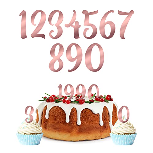 Gyufise 10Pcs Acrylic Number Cake Topper DIY Cupcake Toppers with 0-9 Numbers Mirrored Rose Gold Picks for Wedding Cake Decorations Happy Birthday Baby Shower Party Supplies