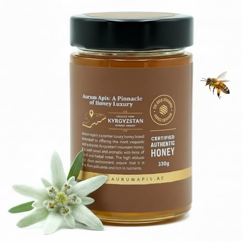 Image of Aurum Apis Raw Kyrgyzstani Mountain Honey - 100% Raw & Unfiltered Pure Honey, Hand-Harvested, Non-GMO, Naturally Sourced Certified Organic Premium Honey - 330g Honey Jar