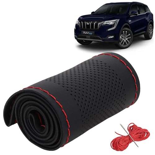 Image of KINGSWAY PU Leatherite Car Steering Cover Sewable Compatible with Mahindra XUV 700 (Year 2021 Onwards), Black Color with Red Thread, Pack of 1 with Sewing Needle and Thread