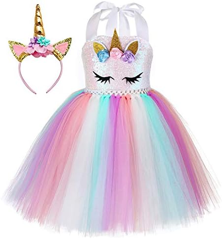 Tutu Dreams Unicorn Dress Girls Dress Up Clothes for Play Rainbow Pink Tutu Birthday Outfit Easter Gifts Party Favors Decorations (Sequin Unicorn, 5-6 Years)