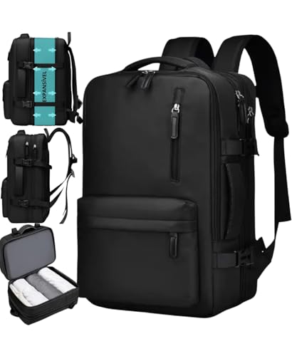 Mochila de Viagem Expansível 40L Impermeável - Feminina, Masculina - Bagagem de Bordo 10kg para Avião, Compartimento para Notebook, Executiva, Reforçada, Mala Mochila (Preta)