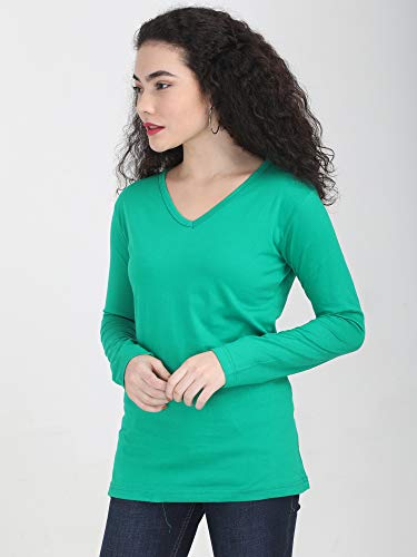 Image of FLEXIMAA Women's Cotton Plain V Neck Full Sleeve T-Shirt