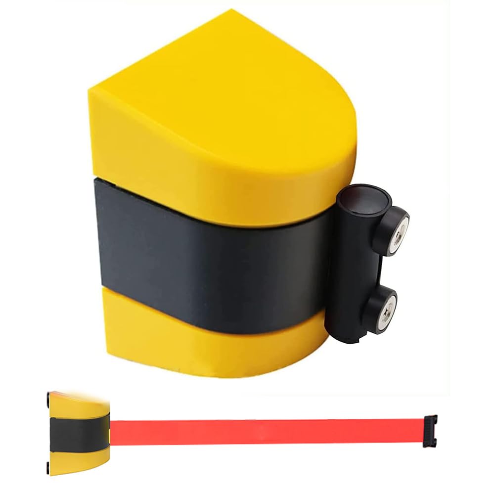 Barrera Colas retráctil Pared, Cinta Seguridad Amarilla y Negra para comercios y hoteles, Cinta extraíble para Control multitudes.