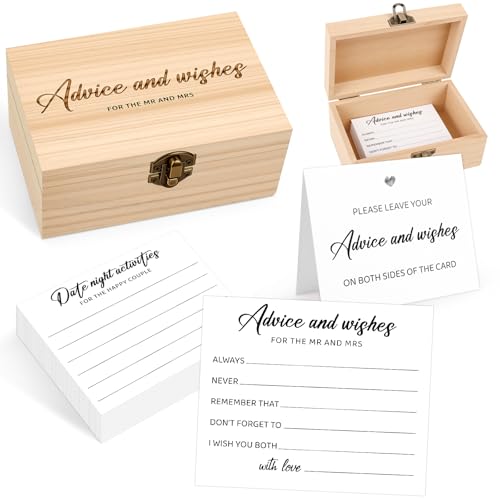 Lemicin 50 Pcs Wedding Advice Cards with Wood Cards Box Advice and Wishes for The Mr And Mrs Bridal Shower Game Decorations for Bride Groom Newlywed Engagement Party Decoration