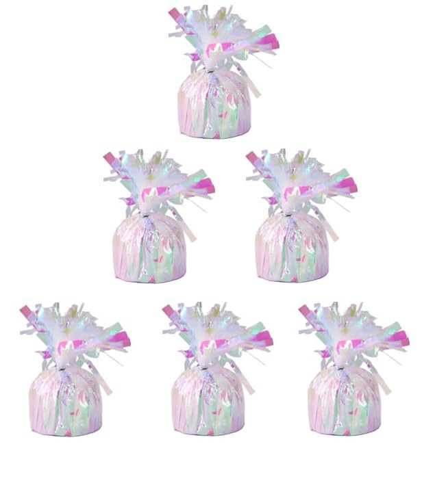 Pack of 6, 12 & 24 Heavy Balloon Weights (5cm x 13cm / Helium Latex Balloon Weight Fountain Table Floor Tassle Cone Birthday Party Accessory with Ribbon Roll (Iridescent, 6 qty)