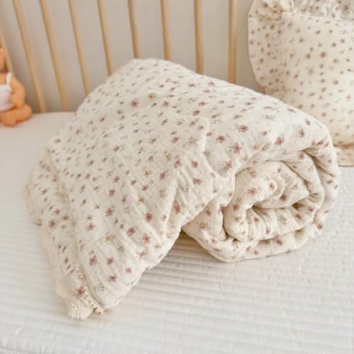 BuLuTu Pink Flower Print Toddler Quilted Blanket Chic Shabby Floral Kids Quilts with Lace Edges, Lightweight Thin Quilt Kids Comforter 100% Gauze Cotton, 60x78 Inches