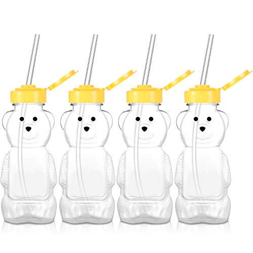 4 Pieces Juice Bear Bottles Honey Bear Drinking Bottles Plastic Reusable Drinking Cups with 4 Pieces Soft Silicone Straws for Daily Drinking Supplies (Yellow)