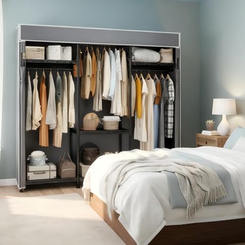 Raybee Clothes Rack with Cover, Clothing Racks for Hanging Clothes with Adjustble Shelves,Portable Closet 15.74''D x 56.02''W x 75.4''H Hold 800LBS for Bedroom, Apaertment, Dorm, Space Saving, Grey
