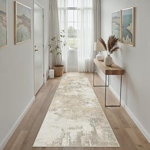 Beige Teppichläufer Flur 60x240 cm, Waschbarer Abstraktes Teppich rutschfest für Wohnzimmer Schlafzimmer Balkon LäUfer KüChe Esszimmer BüRo Flach, Indoor Modern Weicher Kurzflor Carpet Abstr
