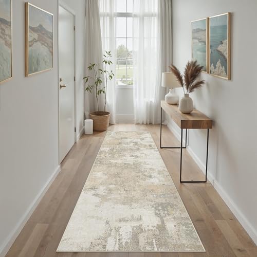 Beige Teppichläufer Flur 60x240 cm, Waschbarer Abstraktes Teppich rutschfest für Wohnzimmer Schlafzimmer Balkon LäUfer KüChe Esszimmer BüRo Flach, Indoor Modern Weicher Kurzflor Carpet Abstr