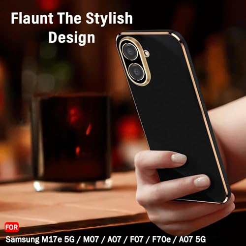 Image of TheGiftKart Luxurious Golden-Plated Back Cover Case for Samsung Galaxy M17e 5G / M07 / A07 / F07 / F70e / A07 5G | Raised Lips for Camera & Screen Protection | Shockproof Design Stylish (TPU, Black)