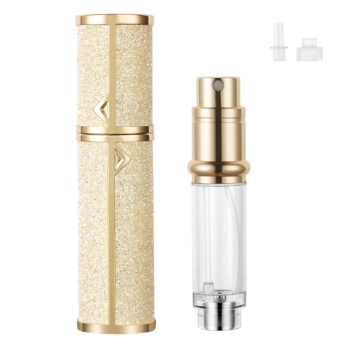 LOPHE Perfume Travel Bottle, 5ML Luxurious Perfume Atomiser Refillable, Shining Perfume Spray Bottle, Easy to Refill Perfume Atomiser for Women Men (Gold)