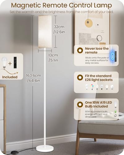 Image of Dimmable Floor Lamps for Living Room with Remote and Foot Switch, 64.4 inch Modern Standing Tall Lamp, Corner Lamp for Bedroom, Office, Bulb Included, 3000K-6500K, Beige and White, FCC Listed WE06LD05W1