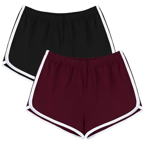 URATOT - Pantalones Cortos Deportivos de algodón para Yoga, Baile, Verano, Correr, Atletismo, Cintura elástica Negro Black+jujube Red S