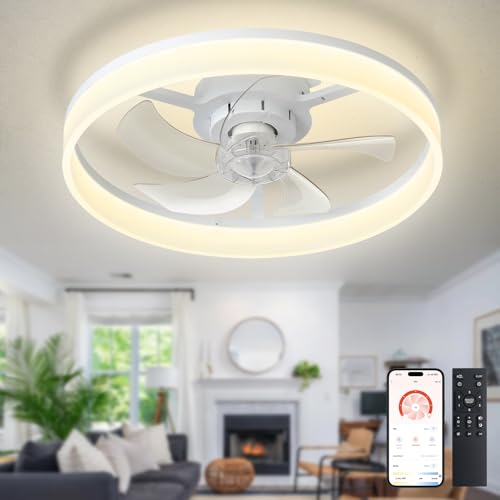 Depuley Ventilador de techo LED con luz: ventilador moderno de perfil bajo de 20" con mando a distancia para aplicaciones - Lámpara con ventilador blanco regulable sin aspas para dormitorio