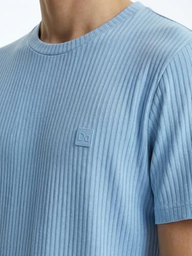 Image of DAMENSCH Men's Striped Texture, Cotton-Rich Comfort, Regular Fit, Solid Colours Striped T-Shirts
