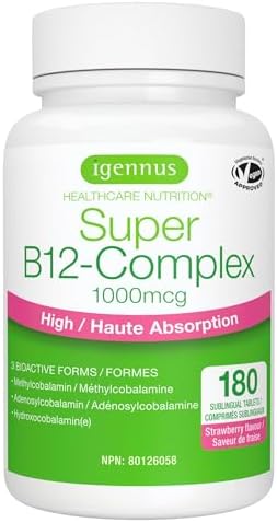 Igennus Sublingual Vitamin B12-Complex 1000mcg, Clean Methylated Methylcobalamin, 180 Servings, 3 High Absorption Forms, Sugar-Free Melts, 1-a-Day, Vegan Supplement