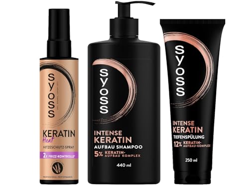 SYOSS Champú intensivo de queratina (440 ml) y acondicionador profundo (250 ml) y spray de protección contra el calor (200 ml) fortalece el cabello débil y quebradizo, protección contra el calor hasta