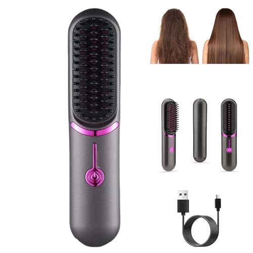 Styluse Hair Straightener, Styluse Portable Hair Straightener Brush, Styluse Hair Straightener Brush, 2-in-1 Straightener & Curler, 3 Djustable Temperature, for All Hair Type (Gray)