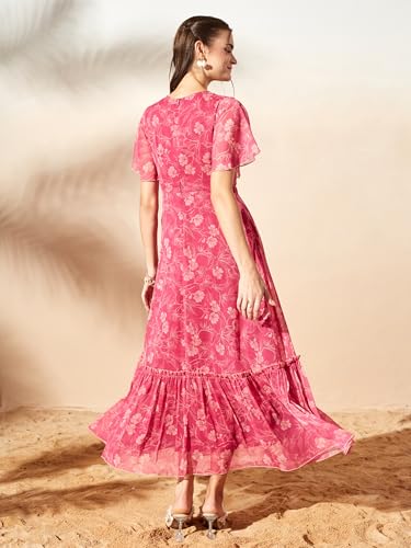 Image of Miss Chase Women's Floral V-Neck Flutter Sleeve Wrap Chiffon Maxi Dress