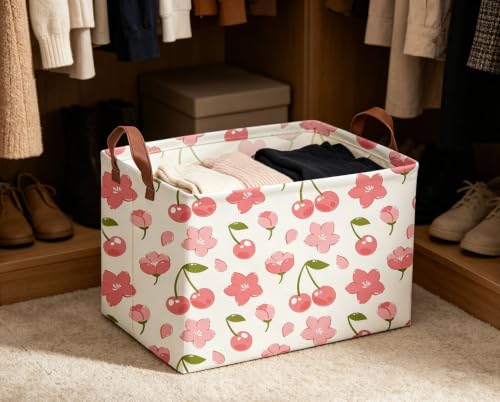 Image of Rectangular Cherry Basket Girls Baskets Storage Bins Room Decor Cute Organizer Box(Cherry)