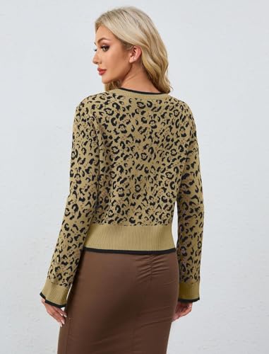 Image of Womens Loose Fit Leopard Print Cardigan Sweater Casual Long Sleeve Crewneck Tie Front Open Front Sweater Tops Apricot