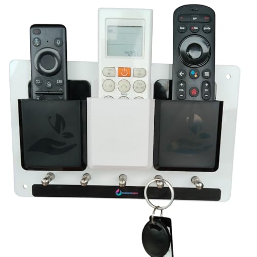 Image of Rainbow Dots ABS Remote Holder with Stainless Steel Key Hooks & Mobile Stand - Modern Wall Mount Organizer for Living Room, Entryway & Office (Black & White Remote)