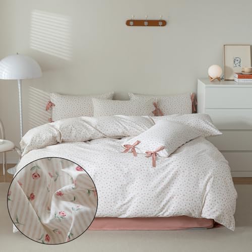 Image of MKXI Cute Bow Tie & Pink Flower Stripes Duvet Cover Twin Size Cotton Bedding Set - Cottagecore Small Floral Print Comforter Cover with 2 Pillowcases for Girls,Women, Sweet Home Gift