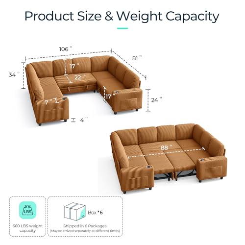 Image of LINSY HOME Sectional Sleeper Sofa with Pull Out Couch Bed - Convertible Plush Corduroy Cloud Couch with Storage Chaise & USB Charging, Comfy Modular Couches for Living Room, Brown