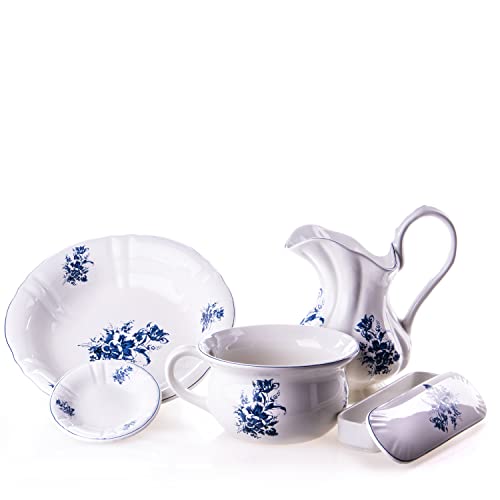 Altes Waschset aus Keramik mit blauen Blumenmuster Vintage Krug, Waschschüssel, Nachttopf, Seifenschale, und Kammschale